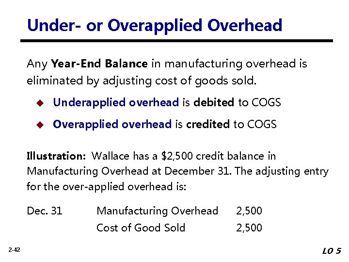 Under- or Overapplied Overhead Any Year-End Balance in manufacturing overhead is eliminated by adjusting