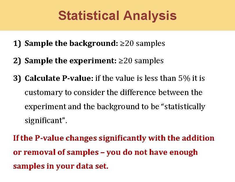 Statistical Analysis 1) Sample the background: ≥ 20 samples 2) Sample the experiment: ≥