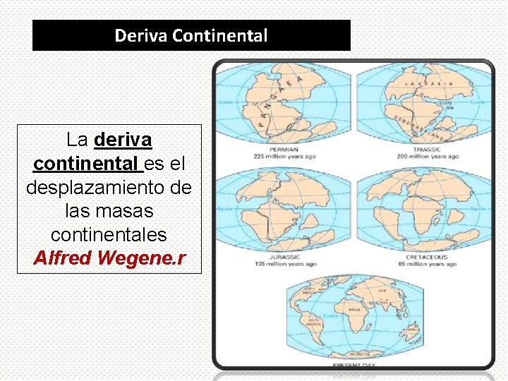 Deriva Continental La deriva continental es el desplazamiento de las masas continentales Alfred Wegene.