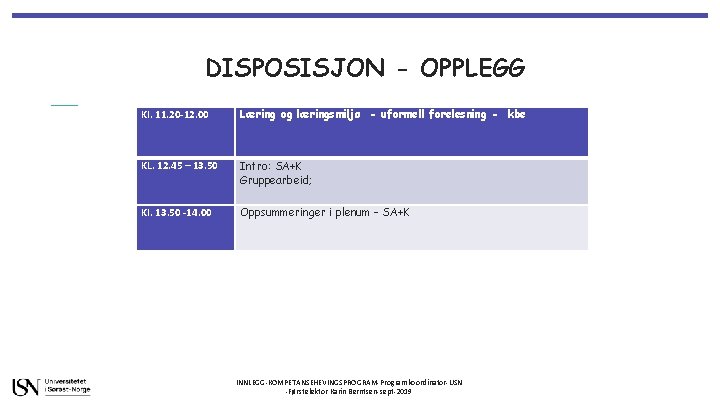 DISPOSISJON - OPPLEGG Kl. 11. 20 -12. 00 Læring og læringsmiljø - uformell forelesning