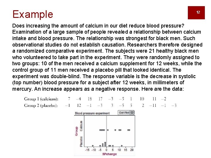 Example 12 Does increasing the amount of calcium in our diet reduce blood pressure?