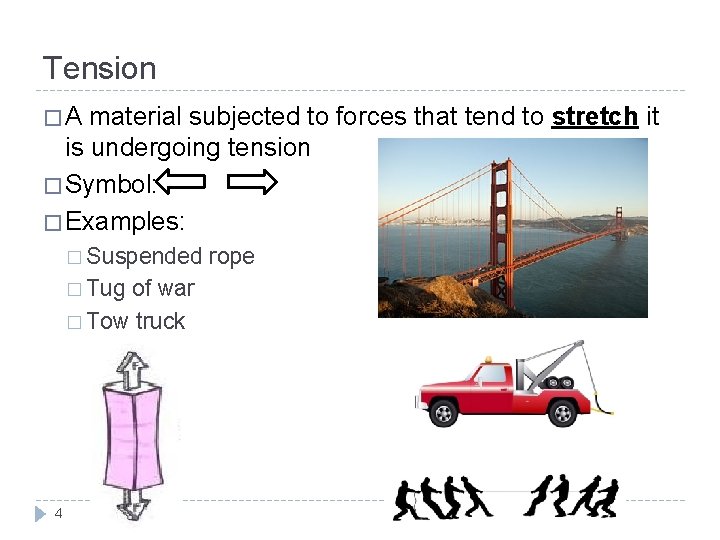 Tension �A material subjected to forces that tend to stretch it is undergoing tension