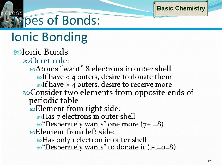 Types of Bonds: Ionic Bonding Basic Chemistry Ionic Bonds Octet rule: Atoms If “want”