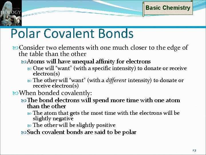 Basic Chemistry Polar Covalent Bonds Consider two elements with one much closer to the