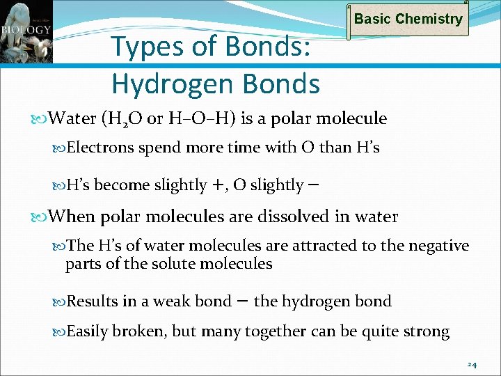 Types of Bonds: Hydrogen Bonds Basic Chemistry Water (H 2 O or H–O–H) is