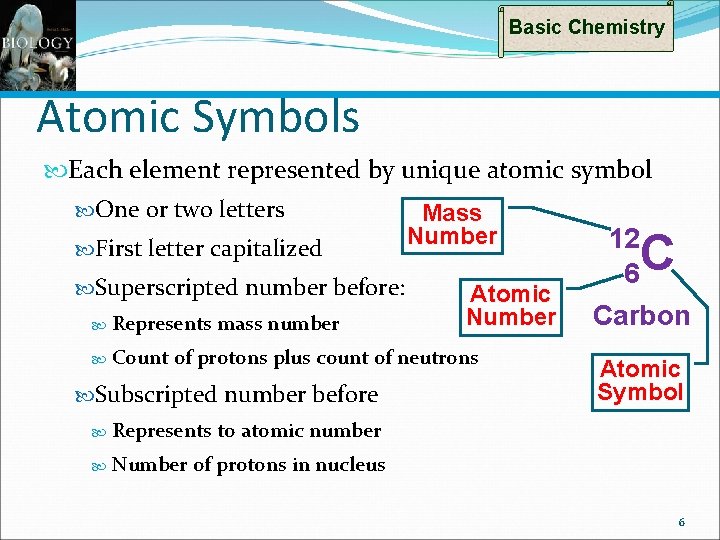 Basic Chemistry Atomic Symbols Each element represented by unique atomic symbol One or two