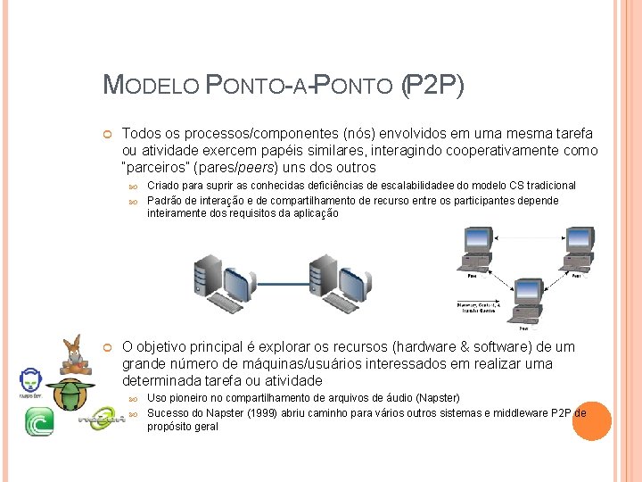 MODELO PONTO-A-PONTO (P 2 P) Todos os processos/componentes (nós) envolvidos em uma mesma tarefa MODELO PONTO-A-PONTO (P 2 P) Todos os processos/componentes (nós) envolvidos em uma mesma tarefa