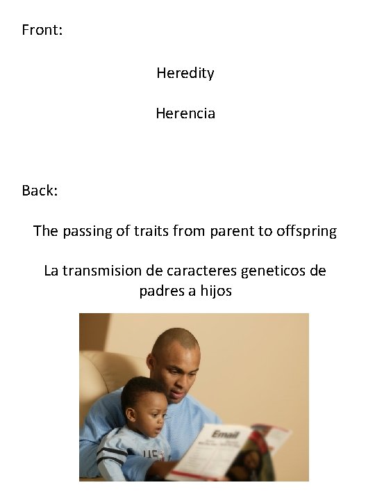 Front: Heredity Herencia Back: The passing of traits from parent to offspring La transmision