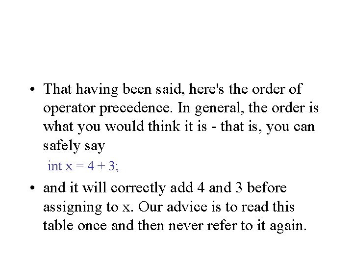 • That having been said, here's the order of operator precedence. In general, • That having been said, here's the order of operator precedence. In general,