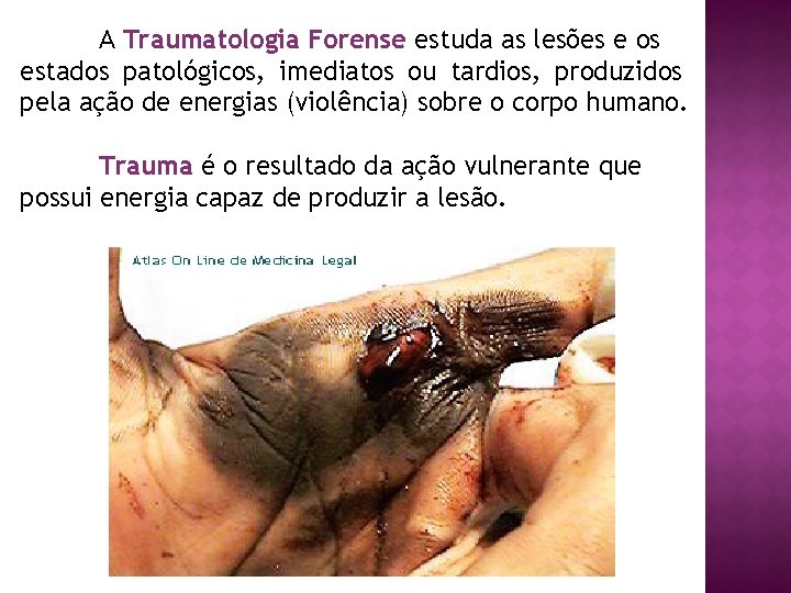 A Traumatologia Forense estuda as lesões e os estados patológicos, imediatos ou tardios, produzidos