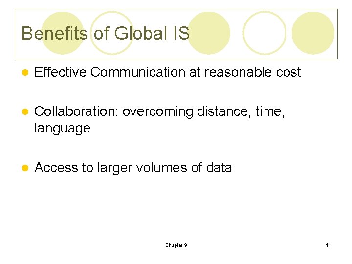 Benefits of Global IS l Effective Communication at reasonable cost l Collaboration: overcoming distance, Benefits of Global IS l Effective Communication at reasonable cost l Collaboration: overcoming distance,
