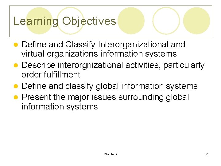 Learning Objectives Define and Classify Interorganizational and virtual organizations information systems l Describe interorgnizational Learning Objectives Define and Classify Interorganizational and virtual organizations information systems l Describe interorgnizational