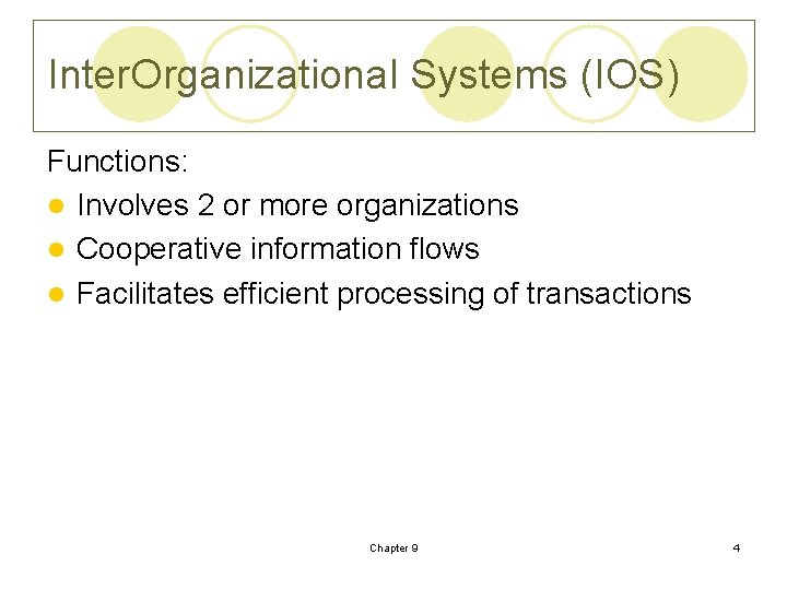 Inter. Organizational Systems (IOS) Functions: l Involves 2 or more organizations l Cooperative information Inter. Organizational Systems (IOS) Functions: l Involves 2 or more organizations l Cooperative information