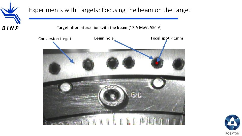 Experiments with Targets: Focusing the beam on the target BINP Target after interaction with