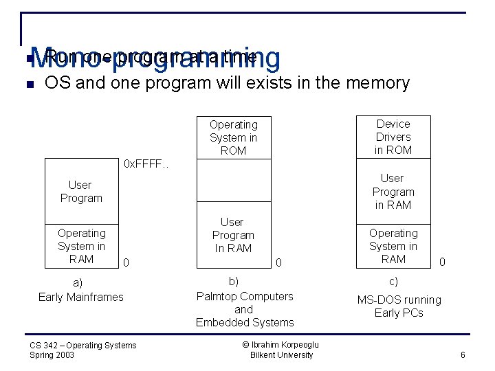 Run one program at a time Mono-programming n n OS and one program will