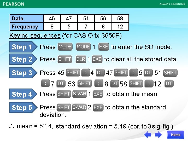 Data 45 47 51 56 58 Frequency 8 5 7 8 12 Keying sequences