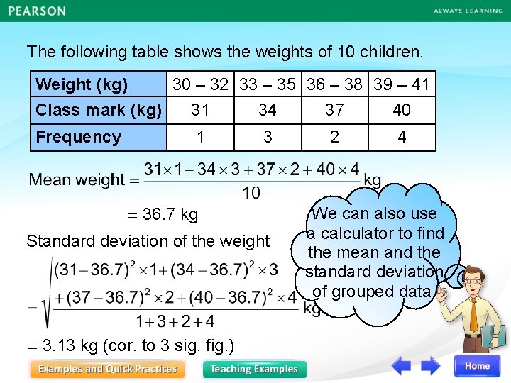 The following table shows the weights of 10 children. 30 – 32 33 –