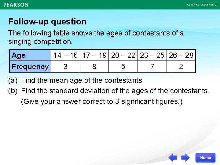 Follow-up question The following table shows the ages of contestants of a singing competition.