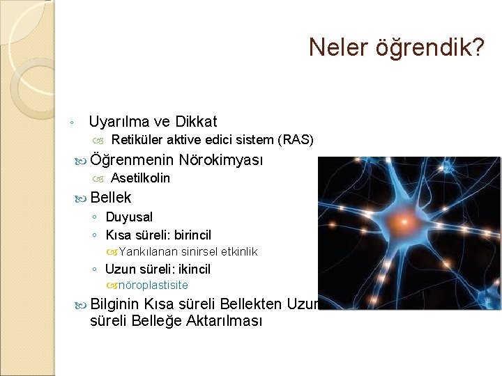 Neler öğrendik? ◦ Uyarılma ve Dikkat Retiküler aktive edici sistem (RAS) Öğrenmenin Asetilkolin Nörokimyası