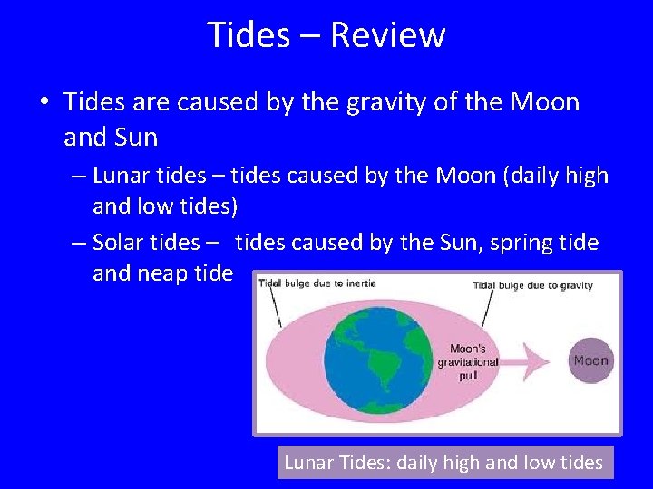Tides – Review • Tides are caused by the gravity of the Moon and