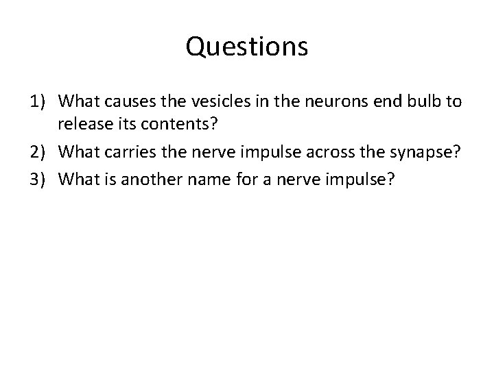 Questions 1) What causes the vesicles in the neurons end bulb to release its