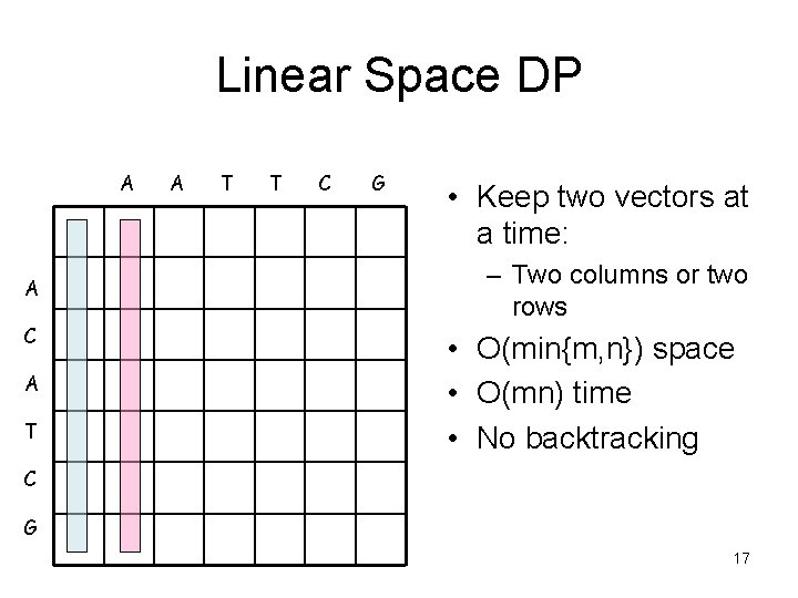 Linear Space DP A A C A T T C G • Keep two