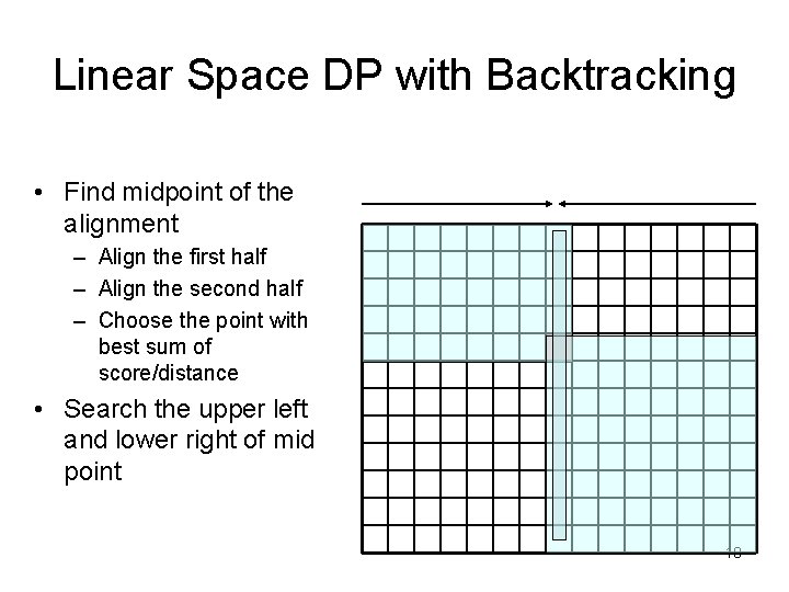 Linear Space DP with Backtracking • Find midpoint of the alignment – Align the