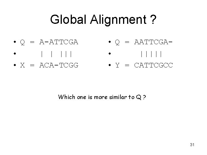 Global Alignment ? • Q = A-ATTCGA • | | ||| • X =