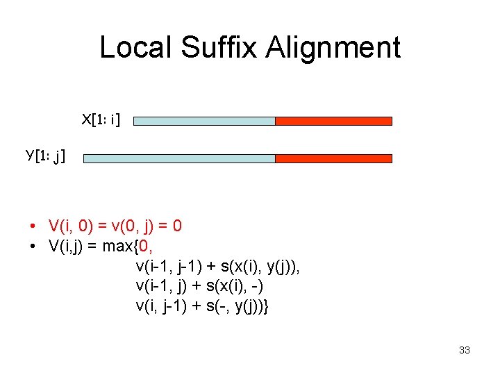 Local Suffix Alignment X[1: i] Y[1: j] • V(i, 0) = v(0, j) =