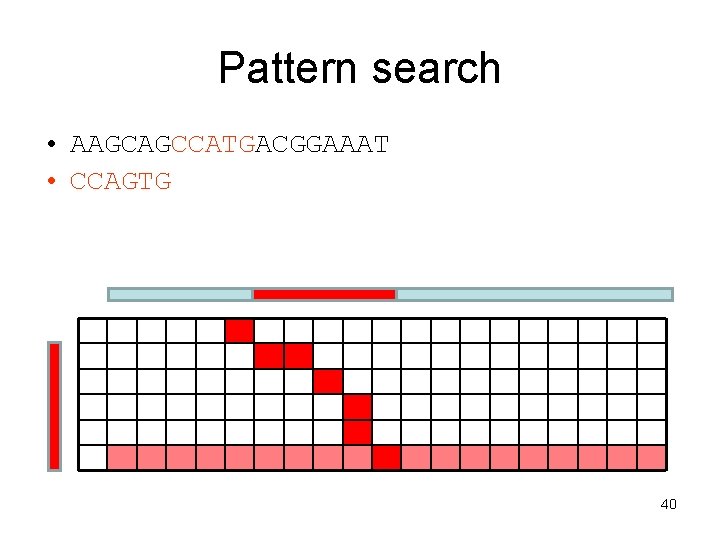 Pattern search • AAGCAGCCATGACGGAAAT • CCAGTG 40 