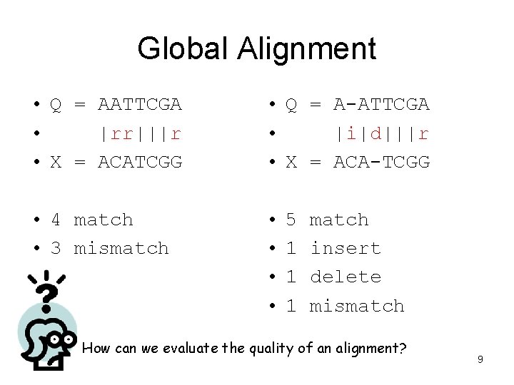 Global Alignment • Q = AATTCGA • |rr|||r • X = ACATCGG • Q