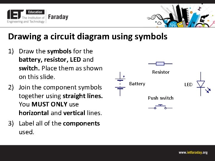 Drawing a circuit diagram using symbols 1) Draw the symbols for the battery, resistor,