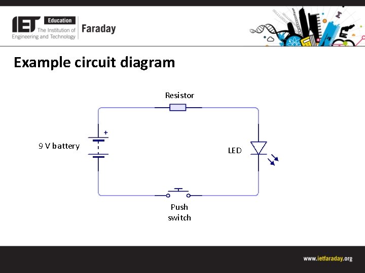 Example circuit diagram Resistor 9 V battery LED Push switch 