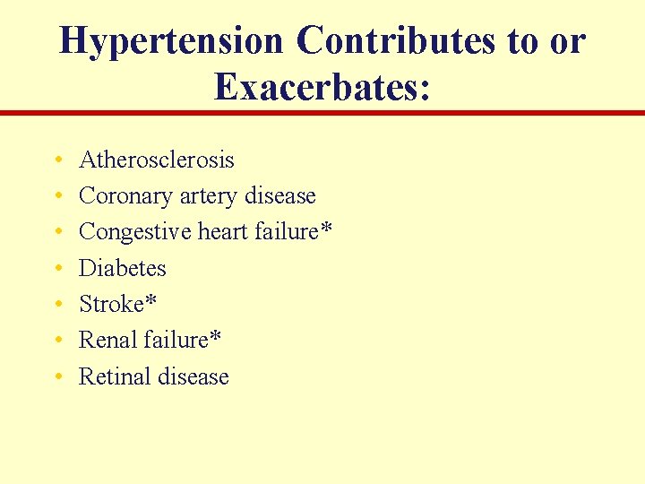 Hypertension Contributes to or Exacerbates: • • Atherosclerosis Coronary artery disease Congestive heart failure*