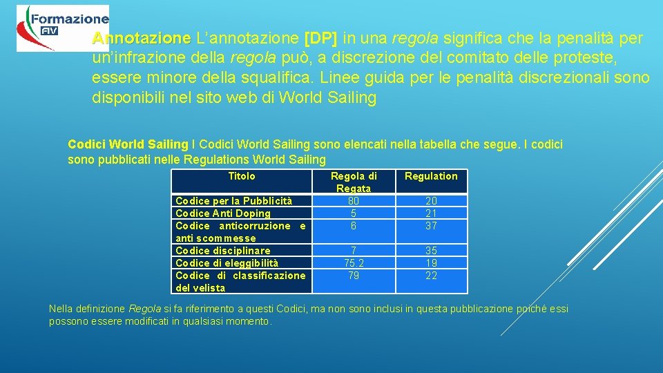 Annotazione L’annotazione [DP] in una regola significa che la penalità per un’infrazione della regola