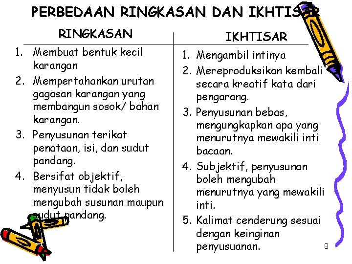 PERBEDAAN RINGKASAN DAN IKHTISAR RINGKASAN 1. Membuat bentuk kecil karangan 2. Mempertahankan urutan gagasan