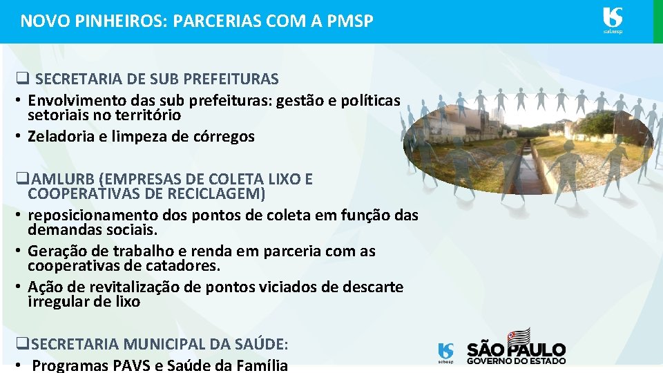 NOVO PINHEIROS: PARCERIAS COM A PMSP q SECRETARIA DE SUB PREFEITURAS • Envolvimento das