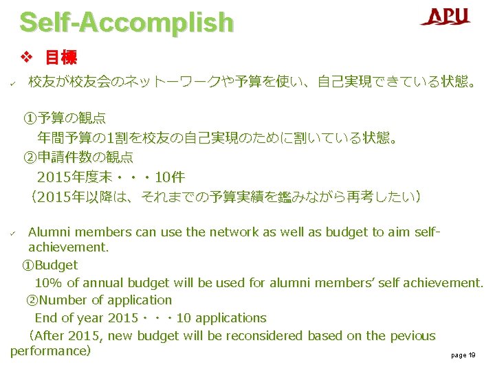 Self-Accomplish v 目標 ü 校友が校友会のネットーワークや予算を使い、自己実現できている状態。 ①予算の観点 年間予算の 1割を校友の自己実現のために割いている状態。 ②申請件数の観点 2015年度末・・・ 10件 (2015年以降は、それまでの予算実績を鑑みながら再考したい) Alumni members Self-Accomplish v 目標 ü 校友が校友会のネットーワークや予算を使い、自己実現できている状態。 ①予算の観点 年間予算の 1割を校友の自己実現のために割いている状態。 ②申請件数の観点 2015年度末・・・ 10件 (2015年以降は、それまでの予算実績を鑑みながら再考したい) Alumni members