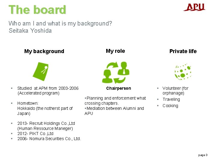 The board Who am I and what is my background? Seitaka Yoshida My background