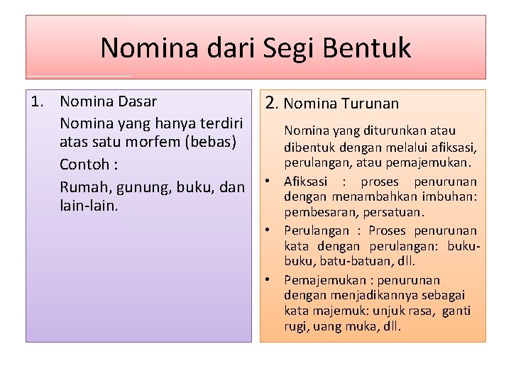 Nomina dari Segi Bentuk 1. Nomina Dasar Nomina yang hanya terdiri atas satu morfem