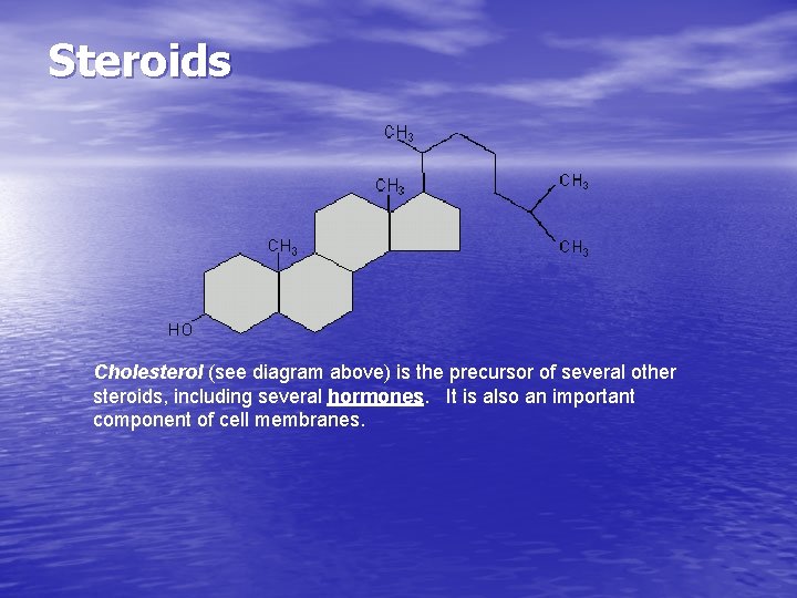 Steroids Cholesterol (see diagram above) is the precursor of several other steroids, including several