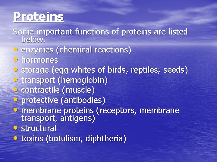 Proteins Some important functions of proteins are listed below. • enzymes (chemical reactions) •