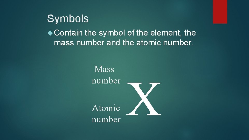 Symbols Contain the symbol of the element, the mass number and the atomic number.