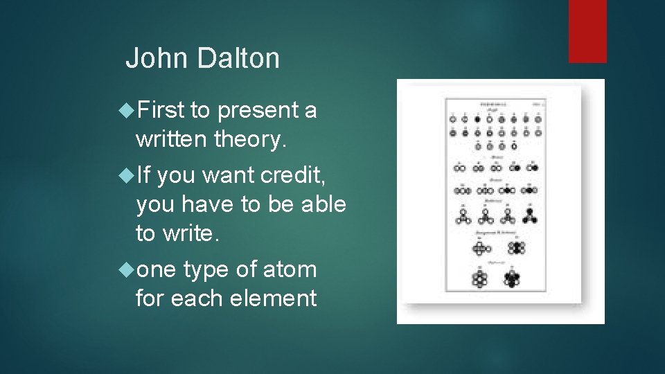 John Dalton First to present a written theory. If you want credit, you have
