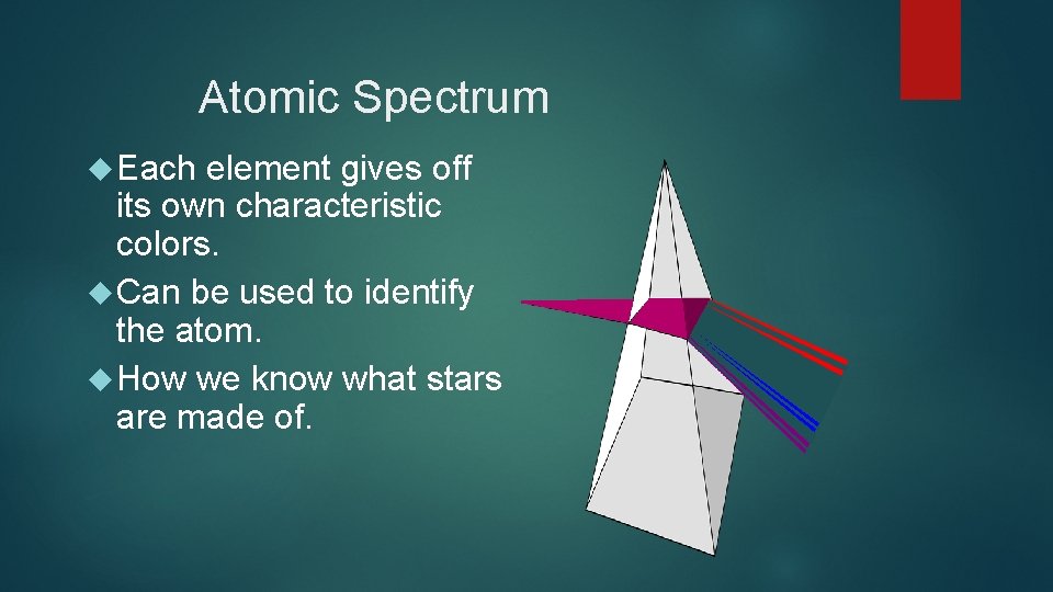 Atomic Spectrum Each element gives off its own characteristic colors. Can be used to