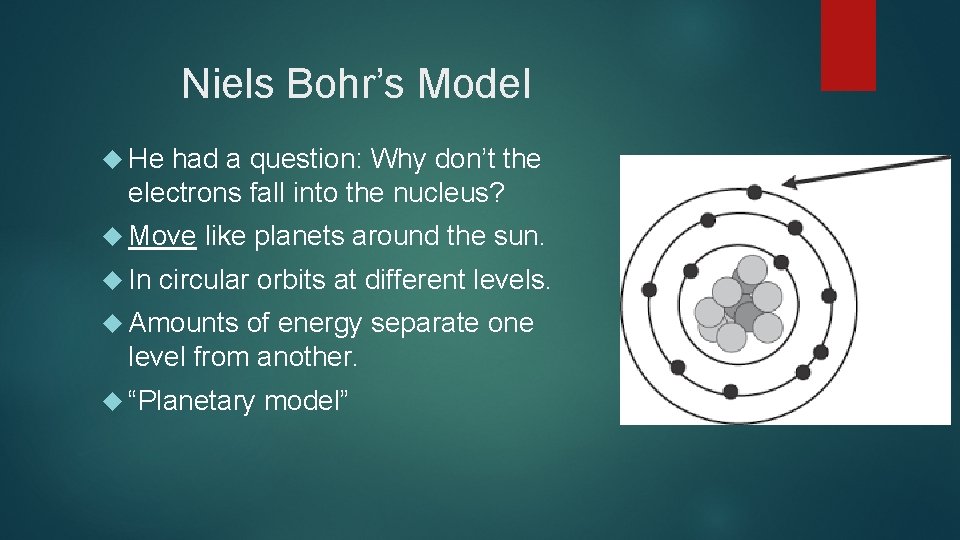 Niels Bohr’s Model He had a question: Why don’t the electrons fall into the
