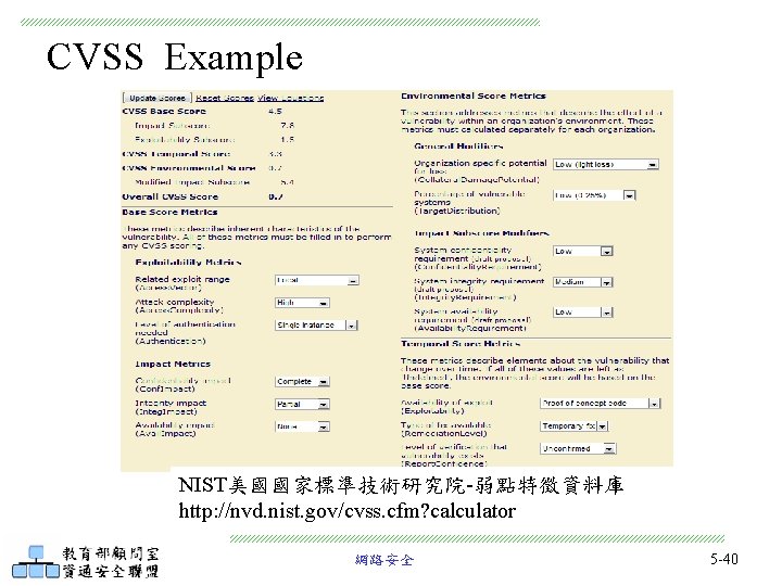 CVSS Example NIST美國國家標準技術研究院-弱點特徵資料庫 http: //nvd. nist. gov/cvss. cfm? calculator 網路安全 5 -40 