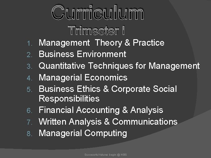 Curriculum Trimester I 1. 2. 3. 4. 5. 6. 7. 8. Management Theory &