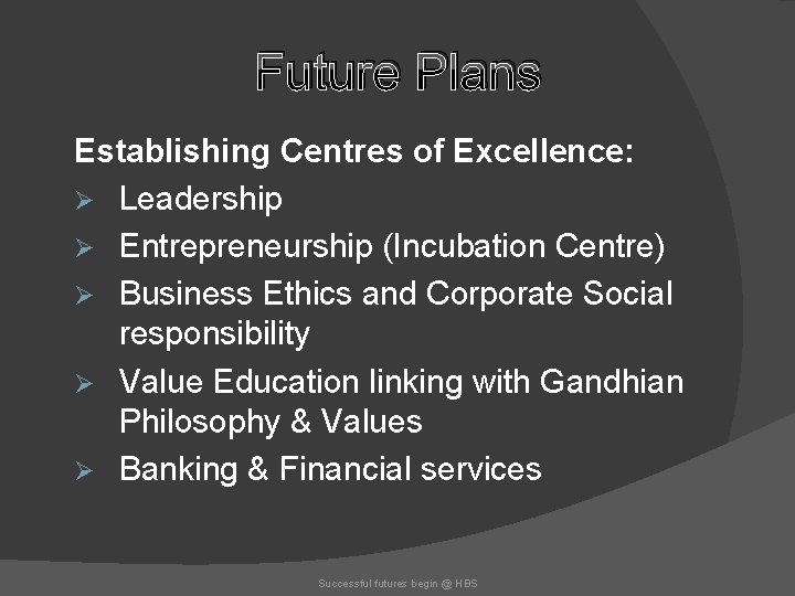 Future Plans Establishing Centres of Excellence: Ø Leadership Ø Entrepreneurship (Incubation Centre) Ø Business