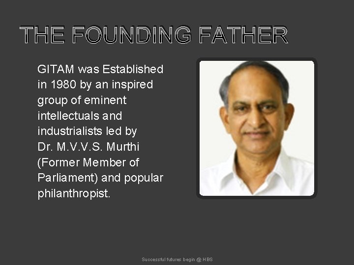 THE FOUNDING FATHER GITAM was Established in 1980 by an inspired group of eminent